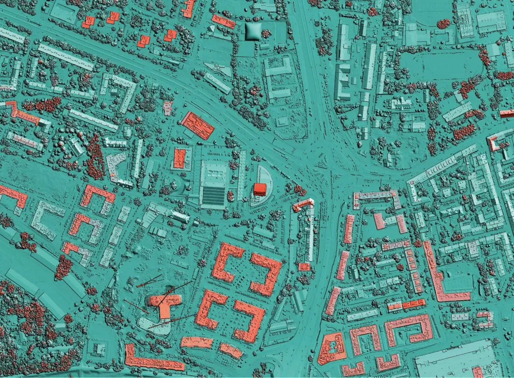 False-colour SAR satellite image of urban area showing building density and infrastructure – VHR optical data by Sensing PLUM platform